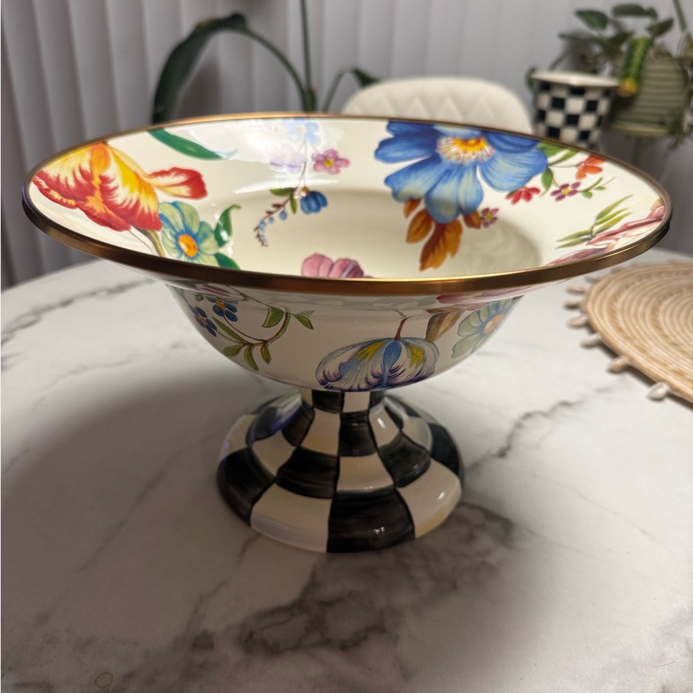 Floral Pedestal Bowl with Checkered Base